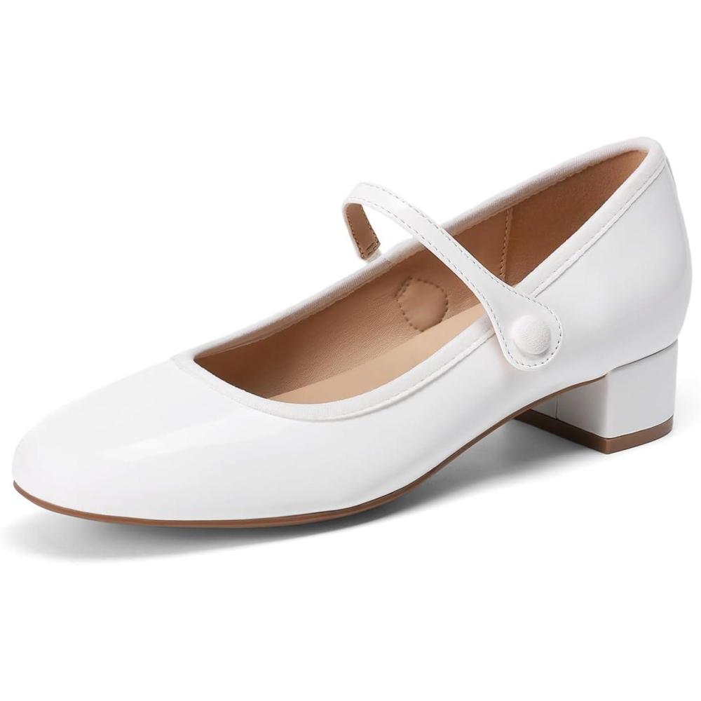 image:imageDREAM PAIRS Womens Mary Jane Chunky Low Heels Comfortable Slip on Dress Shoes for Women Closed Round Toe Casual Cute Work Pumps Flats ShoesWhite