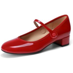 DREAM PAIRS Women’s Mary Jane Chunky Low Heels Comfortable Slip on Dress Shoes for Women Closed Round Toe Casual Cute Work Pumps Flats Shoes(Red)