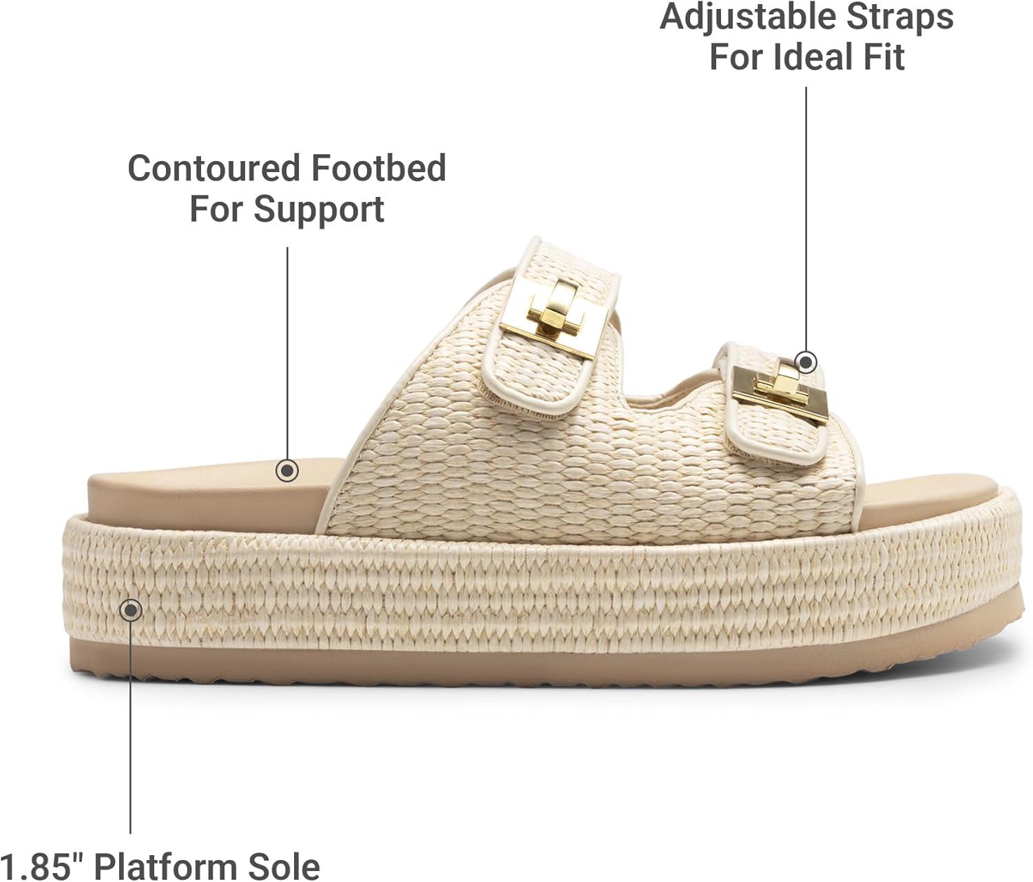 image:imageDREAM PAIRS Platform Sandals Women Raffia Espadrilles Summer Comfortable Wedge Sandals Beach Vacation Adjustable Buckle Cute Slide SandalsBeige
