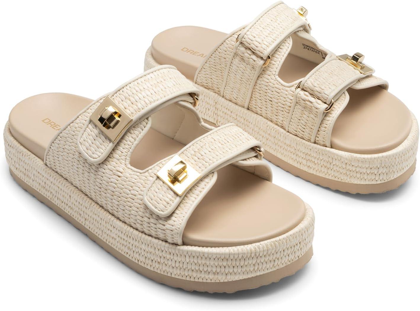 image:imageDREAM PAIRS Platform Sandals Women Raffia Espadrilles Summer Comfortable Wedge Sandals Beach Vacation Adjustable Buckle Cute Slide SandalsBeige