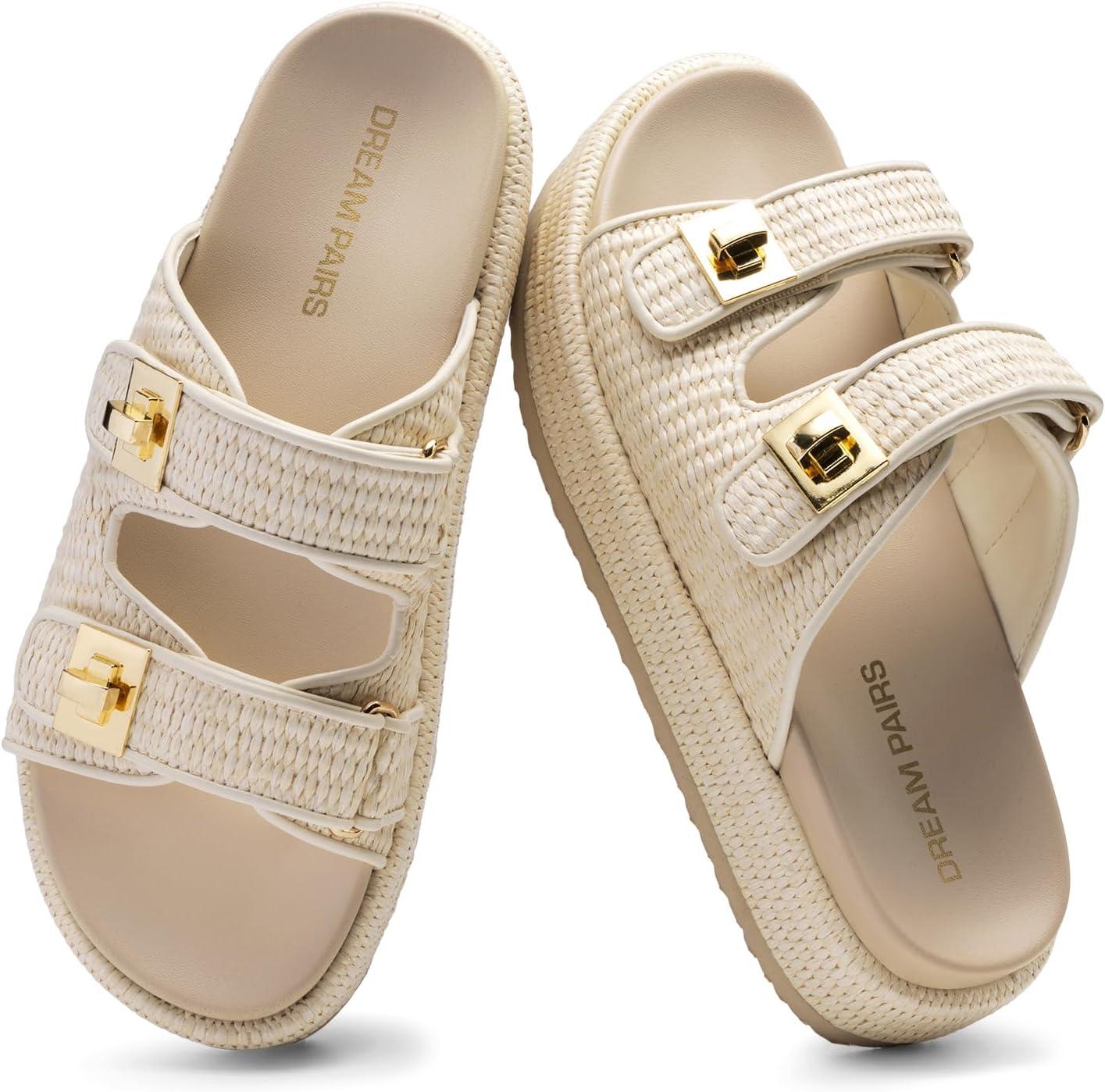 image:imageDREAM PAIRS Platform Sandals Women Raffia Espadrilles Summer Comfortable Wedge Sandals Beach Vacation Adjustable Buckle Cute Slide SandalsBeige