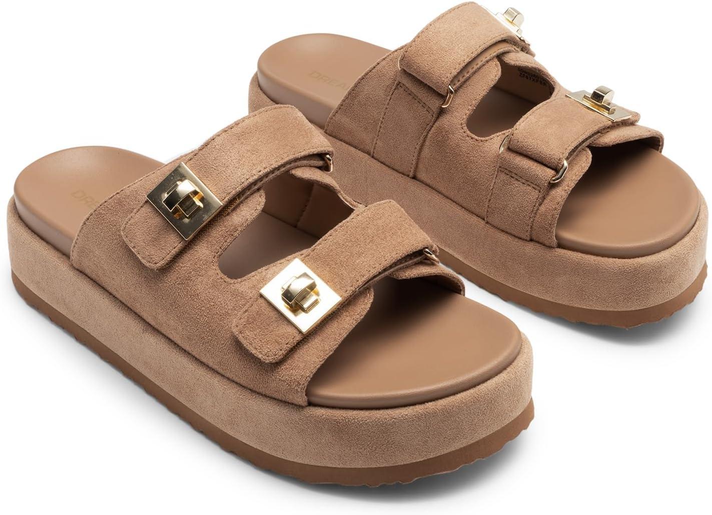 image:imageDREAM PAIRS Platform Sandals Women Raffia Espadrilles Summer Comfortable Wedge Sandals Beach Vacation Adjustable Buckle Cute Slide SandalsBrown