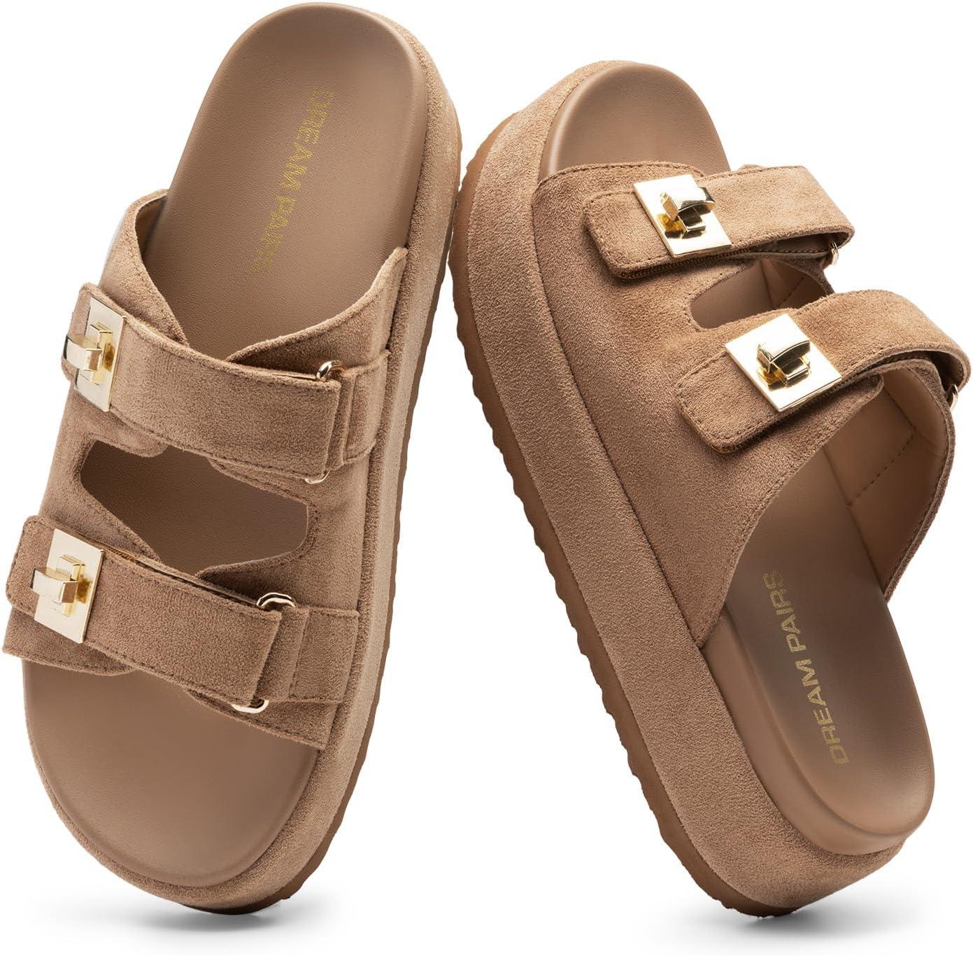 image:imageDREAM PAIRS Platform Sandals Women Raffia Espadrilles Summer Comfortable Wedge Sandals Beach Vacation Adjustable Buckle Cute Slide SandalsBrown