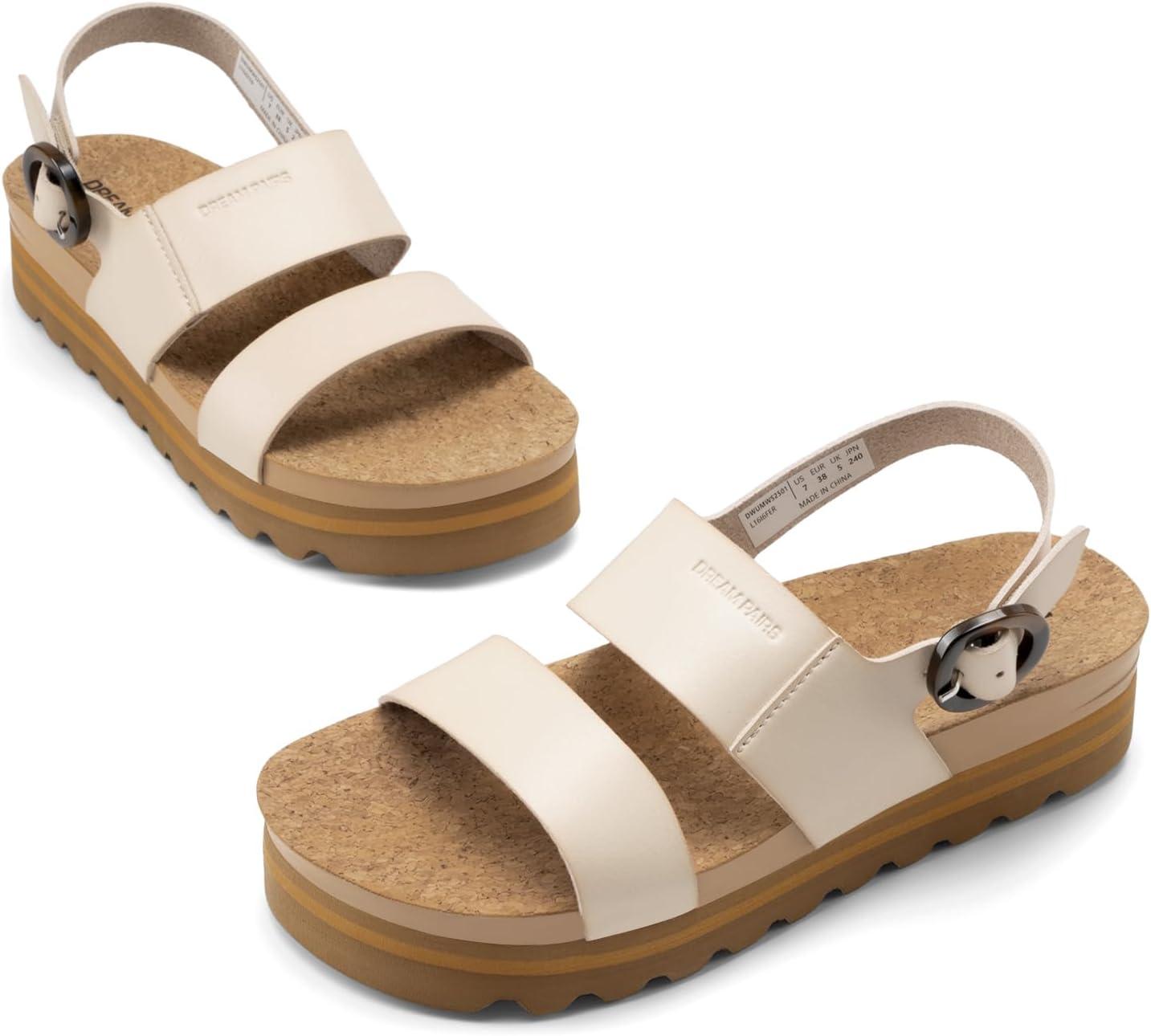 image:imageDREAM PAIRS Womens Orthopedic Arch Support Platform Sandals Comfortable Cork Insole Low Wedges Sandals Flatform Summer Dress Shoes Cute Buckle Wedges for BeachBeige