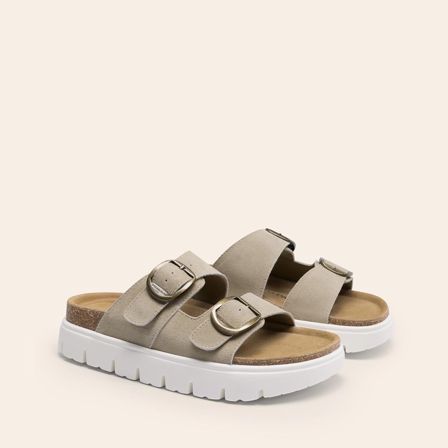 image:imageDREAM PAIRS Womens Platform Sandals Wedge Chunky Heel Slipon Comfort Slides with Arch Support Cork Footbed Adjustable Buckle Summer Slide SandalsBeige