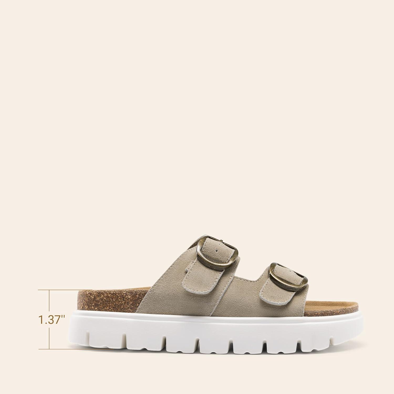 image:imageDREAM PAIRS Womens Platform Sandals Wedge Chunky Heel Slipon Comfort Slides with Arch Support Cork Footbed Adjustable Buckle Summer Slide SandalsBeige