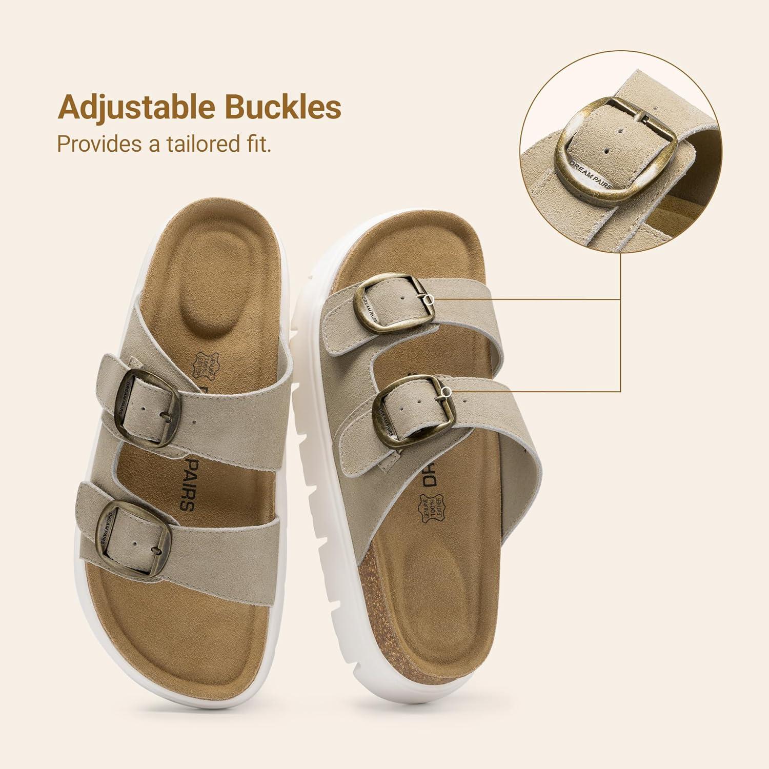 image:imageDREAM PAIRS Womens Platform Sandals Wedge Chunky Heel Slipon Comfort Slides with Arch Support Cork Footbed Adjustable Buckle Summer Slide SandalsBeige