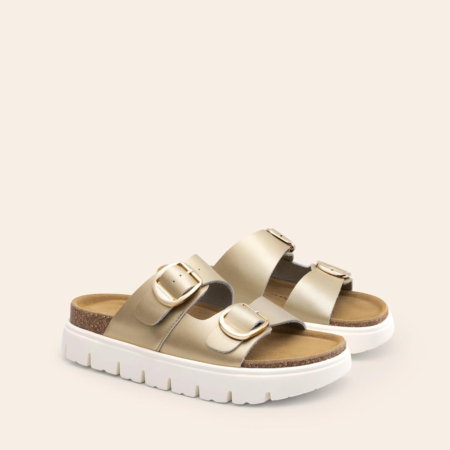 image:imageDREAM PAIRS Womens Platform Sandals Wedge Chunky Heel Slipon Comfort Slides with Arch Support Cork Footbed Adjustable Buckle Summer Slide SandalsGold