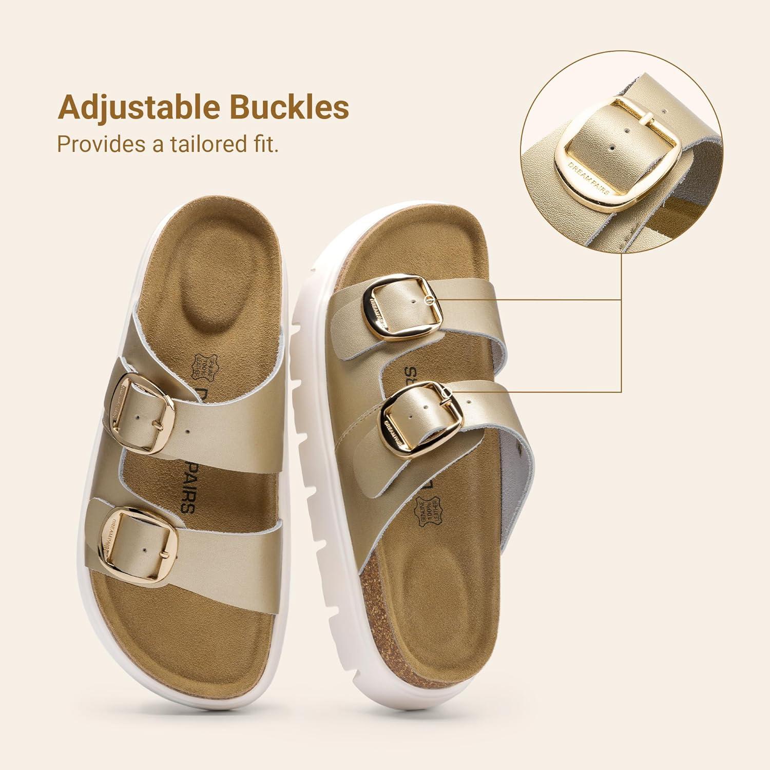 image:imageDREAM PAIRS Womens Platform Sandals Wedge Chunky Heel Slipon Comfort Slides with Arch Support Cork Footbed Adjustable Buckle Summer Slide SandalsGold