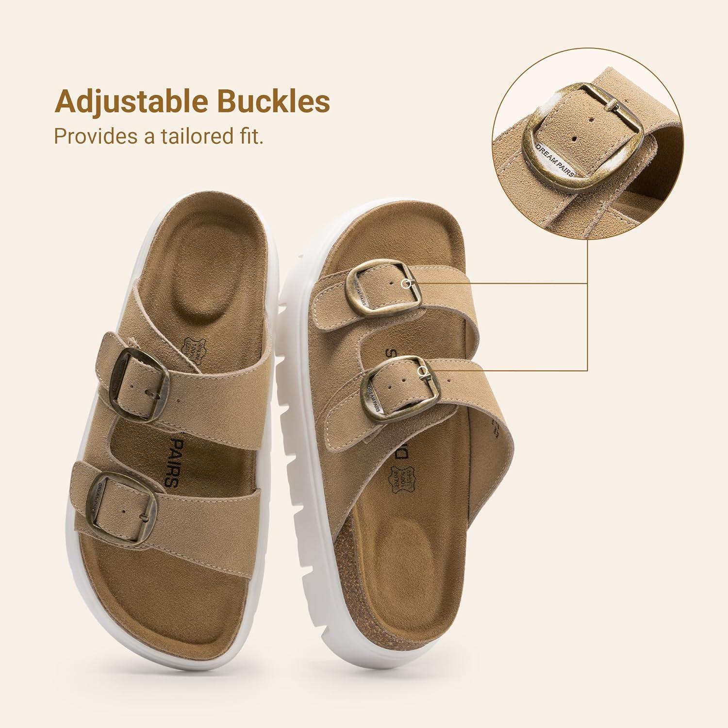 image:imageDREAM PAIRS Womens Platform Sandals Wedge Chunky Heel Slipon Comfort Slides with Arch Support Cork Footbed Adjustable Buckle Summer Slide SandalsTaupe