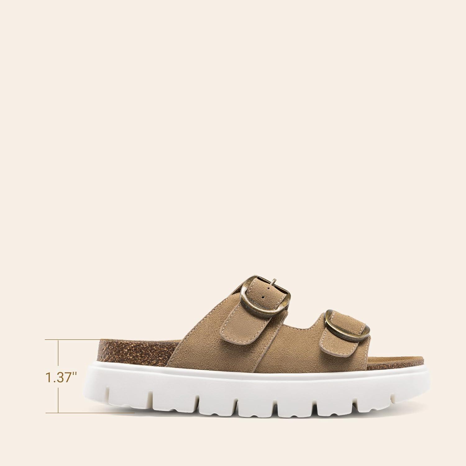 image:imageDREAM PAIRS Womens Platform Sandals Wedge Chunky Heel Slipon Comfort Slides with Arch Support Cork Footbed Adjustable Buckle Summer Slide SandalsTaupe