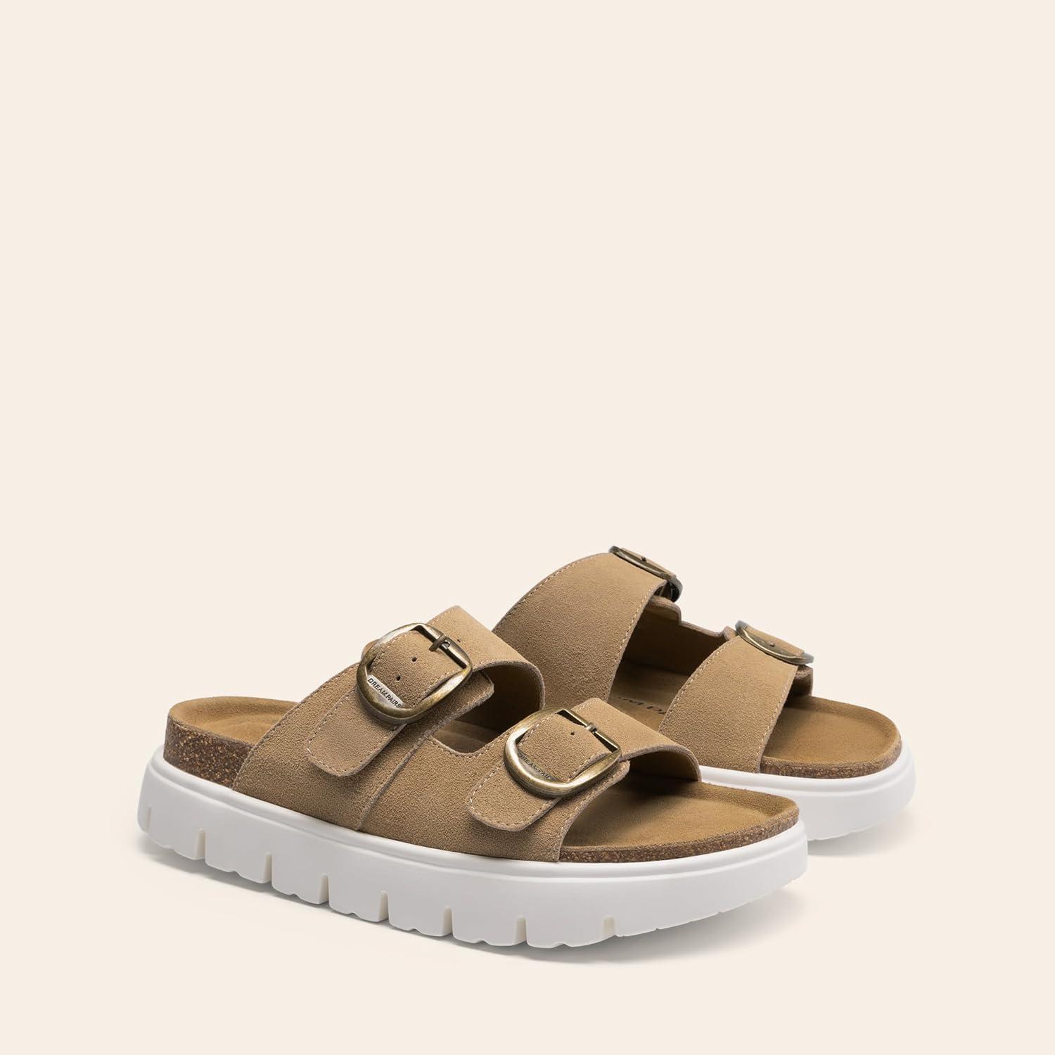 image:imageDREAM PAIRS Womens Platform Sandals Wedge Chunky Heel Slipon Comfort Slides with Arch Support Cork Footbed Adjustable Buckle Summer Slide SandalsTaupe