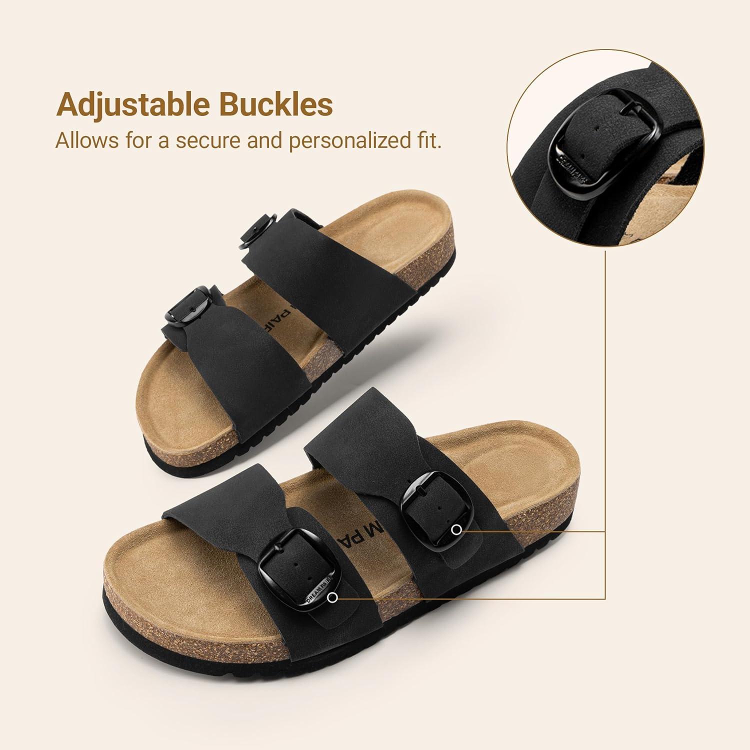 image:imageDREAM PAIRS Womens Slides Soft Genuine Footbed Sandals Comfortable Adjustable Double Buckle Slipon Flat Sandals with Arch Support Frame Dual Slippers for Summer 2026Black