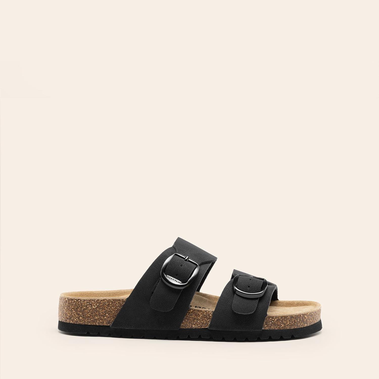 image:imageDREAM PAIRS Womens Slides Soft Genuine Footbed Sandals Comfortable Adjustable Double Buckle Slipon Flat Sandals with Arch Support Frame Dual Slippers for Summer 2026Black