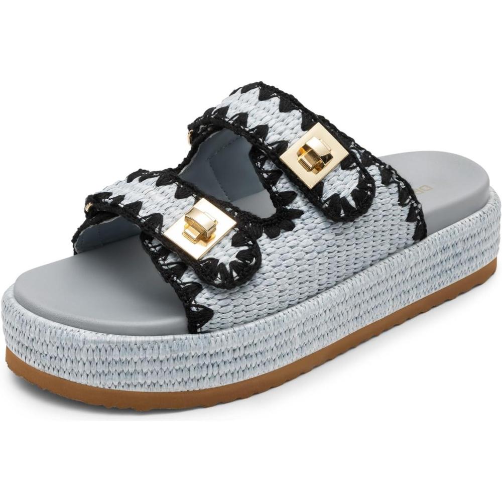 image:imageDREAM PAIRS Platform Sandals Women Raffia Espadrilles Summer Comfortable Wedge Sandals Beach Vacation Adjustable Buckle Cute Slide SandalsBlue