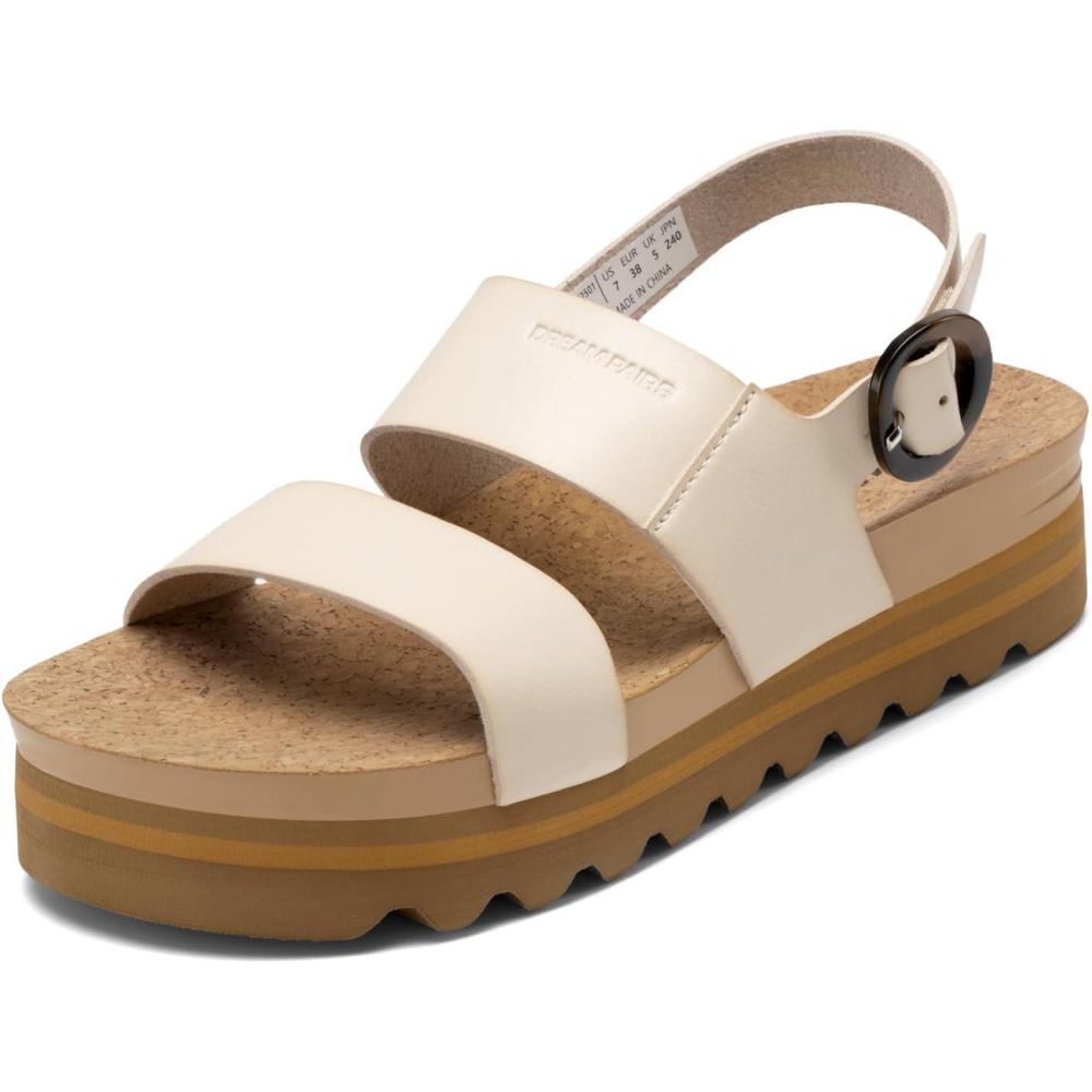 image:imageDREAM PAIRS Womens Orthopedic Arch Support Platform Sandals Comfortable Cork Insole Low Wedges Sandals Flatform Summer Dress Shoes Cute Buckle Wedges for BeachBeige