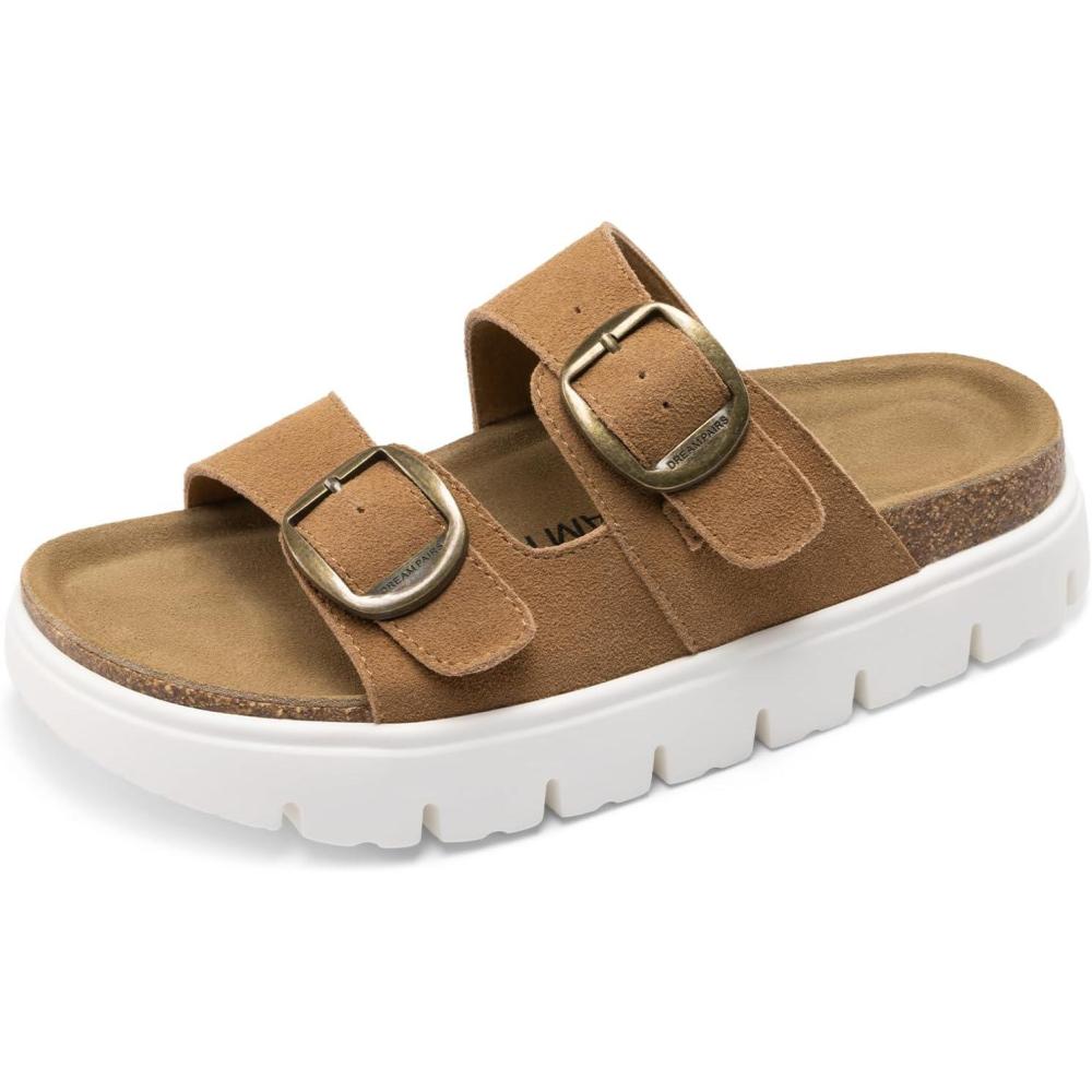 image:imageDREAM PAIRS Womens Platform Sandals Wedge Chunky Heel Slipon Comfort Slides with Arch Support Cork Footbed Adjustable Buckle Summer Slide SandalsBrown