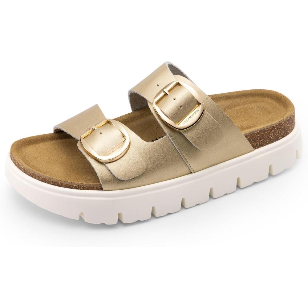 image:imageDREAM PAIRS Womens Platform Sandals Wedge Chunky Heel Slipon Comfort Slides with Arch Support Cork Footbed Adjustable Buckle Summer Slide SandalsGold