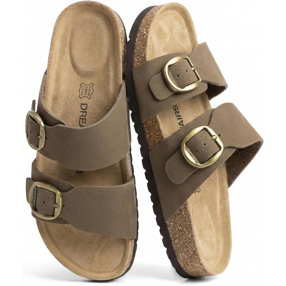 image:imageDREAM PAIRS Womens Slides Soft Genuine Footbed Sandals Comfortable Adjustable Double Buckle Slipon Flat Sandals with Arch Support Frame Dual Slippers for Summer 2026Brown