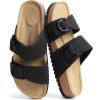DREAM PAIRS Women’s Slides Soft Genuine Footbed Sandals Comfortable Adjustable Double Buckle Slip-on Flat Sandals with Arch Support Frame Dual Slippers for Summer 2026(Black)