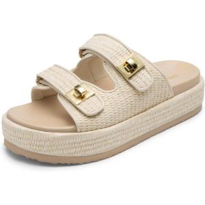 DREAM PAIRS Platform Sandals Women Raffia Espadrilles Summer Comfortable Wedge Sandals Beach Vacation Adjustable Buckle Cute Slide Sandals(Beige)