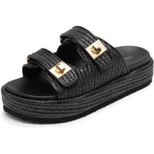 DREAM PAIRS Platform Sandals Women Raffia Espadrilles Summer Comfortable Wedge Sandals Beach Vacation Adjustable Buckle Cute Slide Sandals(Black)