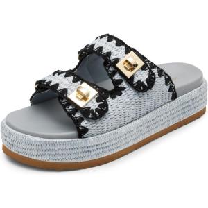 DREAM PAIRS Platform Sandals Women Raffia Espadrilles Summer Comfortable Wedge Sandals Beach Vacation Adjustable Buckle Cute Slide Sandals(Blue)