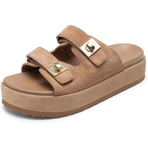 DREAM PAIRS Platform Sandals Women Raffia Espadrilles Summer Comfortable Wedge Sandals Beach Vacation Adjustable Buckle Cute Slide Sandals(Brown)
