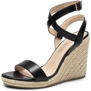 DREAM PAIRS Womens Open Toe Espadrilles Dressy Platform Sandals Buckle Ankle Strap Stylish Wedges Summer Dressy Sandals(Black-pu)