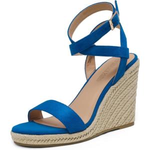 DREAM PAIRS Womens Open Toe Espadrilles Dressy Platform Sandals Buckle Ankle Strap Stylish Wedges Summer Dressy Sandals(Blue/Suede)