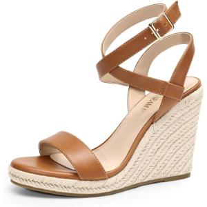 DREAM PAIRS Womens Open Toe Espadrilles Dressy Platform Sandals Buckle Ankle Strap Stylish Wedges Summer Dressy Sandals(Brown-pu)