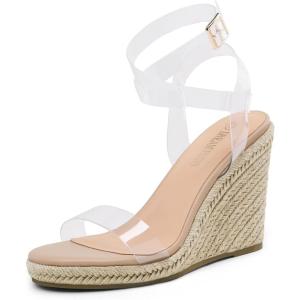 DREAM PAIRS Womens Open Toe Espadrilles Dressy Platform Sandals Buckle Ankle Strap Stylish Wedges Summer Dressy Sandals(Clear/Nude/Pu)