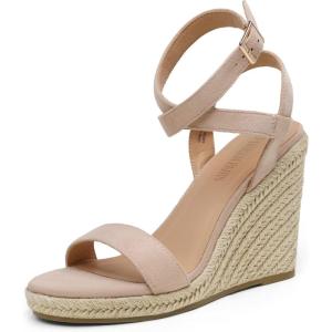 DREAM PAIRS Womens Open Toe Espadrilles Dressy Platform Sandals Buckle Ankle Strap Stylish Wedges Summer Dressy Sandals(Nude/Suede)