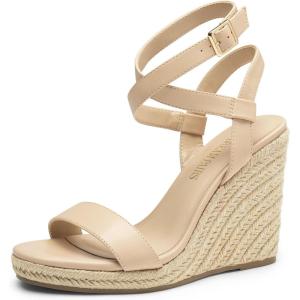 DREAM PAIRS Womens Open Toe Espadrilles Dressy Platform Sandals Buckle Ankle Strap Stylish Wedges Summer Dressy Sandals(Nude-pu)