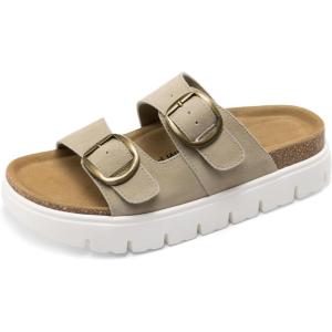 DREAM PAIRS Women’s Platform Sandals Wedge Chunky Heel Slip-on Comfort Slides with Arch Support Cork Footbed Adjustable Buckle Summer Slide Sandals(Beige)