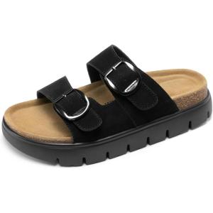 DREAM PAIRS Women’s Platform Sandals Wedge Chunky Heel Slip-on Comfort Slides with Arch Support Cork Footbed Adjustable Buckle Summer Slide Sandals(Black)
