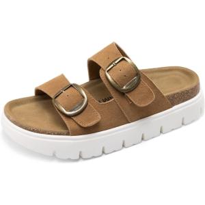 DREAM PAIRS Women’s Platform Sandals Wedge Chunky Heel Slip-on Comfort Slides with Arch Support Cork Footbed Adjustable Buckle Summer Slide Sandals(Brown)
