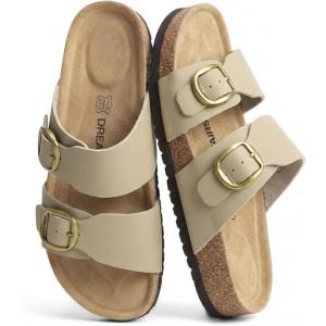DREAM PAIRS Women’s Slides Soft Genuine Footbed Sandals Comfortable Adjustable Double Buckle Slip-on Flat Sandals with Arch Support Frame Dual Slippers for Summer 2026(Taupe)
