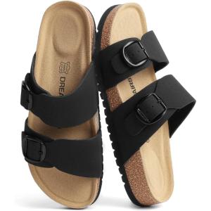 DREAM PAIRS Women’s Slides Soft Genuine Footbed Sandals Comfortable Adjustable Double Buckle Slip-on Flat Sandals with Arch Support Frame Dual Slippers for Summer 2026(Black)