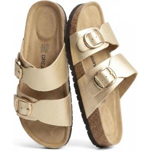 DREAM PAIRS Women’s Slides Soft Genuine Footbed Sandals Comfortable Adjustable Double Buckle Slip-on Flat Sandals with Arch Support Frame Dual Slippers for Summer 2026(Gold)