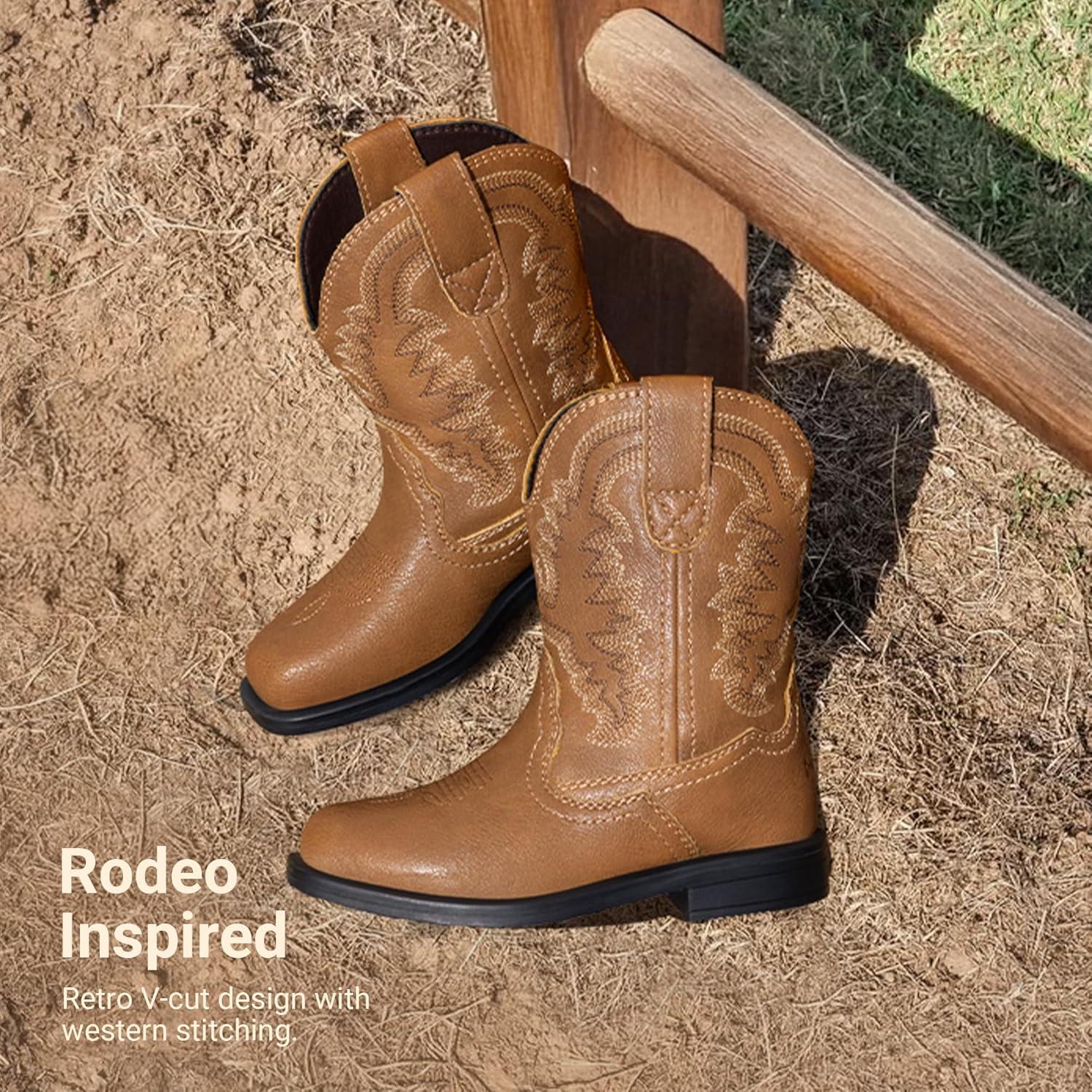 image:imageDREAM PAIRS Toddler Boys Girls Cowboy Cowgirl Boots Little Kids Western Square Toe Riding Mid Calf BootsBrown