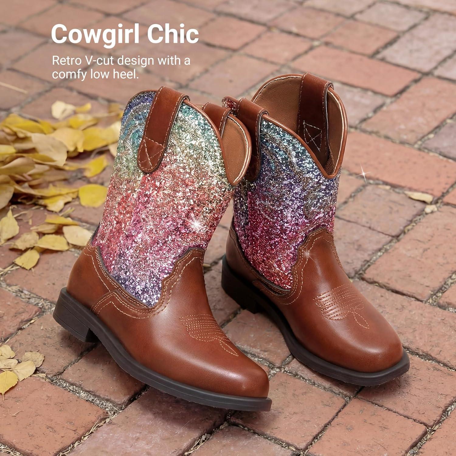 image:imageDREAM PAIRS Toddler Boys Girls Cowboy Cowgirl Boots Little Kids Western Square Toe Riding Mid Calf BootsBrownMulti