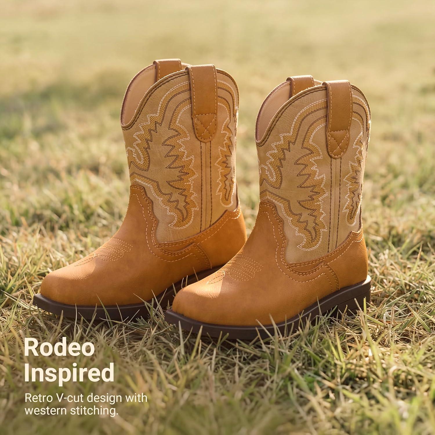 image:imageDREAM PAIRS Toddler Boys Girls Cowboy Cowgirl Boots Little Kids Western Square Toe Riding Mid Calf BootsCamelLight Brown