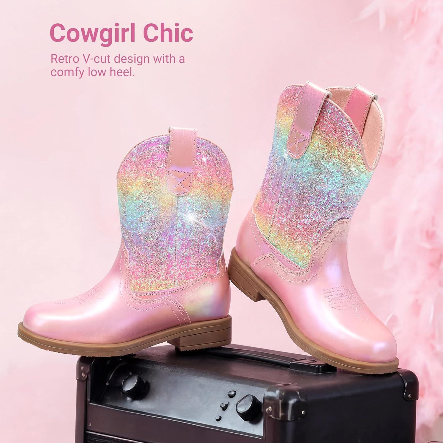 image:imageDREAM PAIRS Toddler Boys Girls Cowboy Cowgirl Boots Little Kids Western Square Toe Riding Mid Calf BootsPinkRainbow