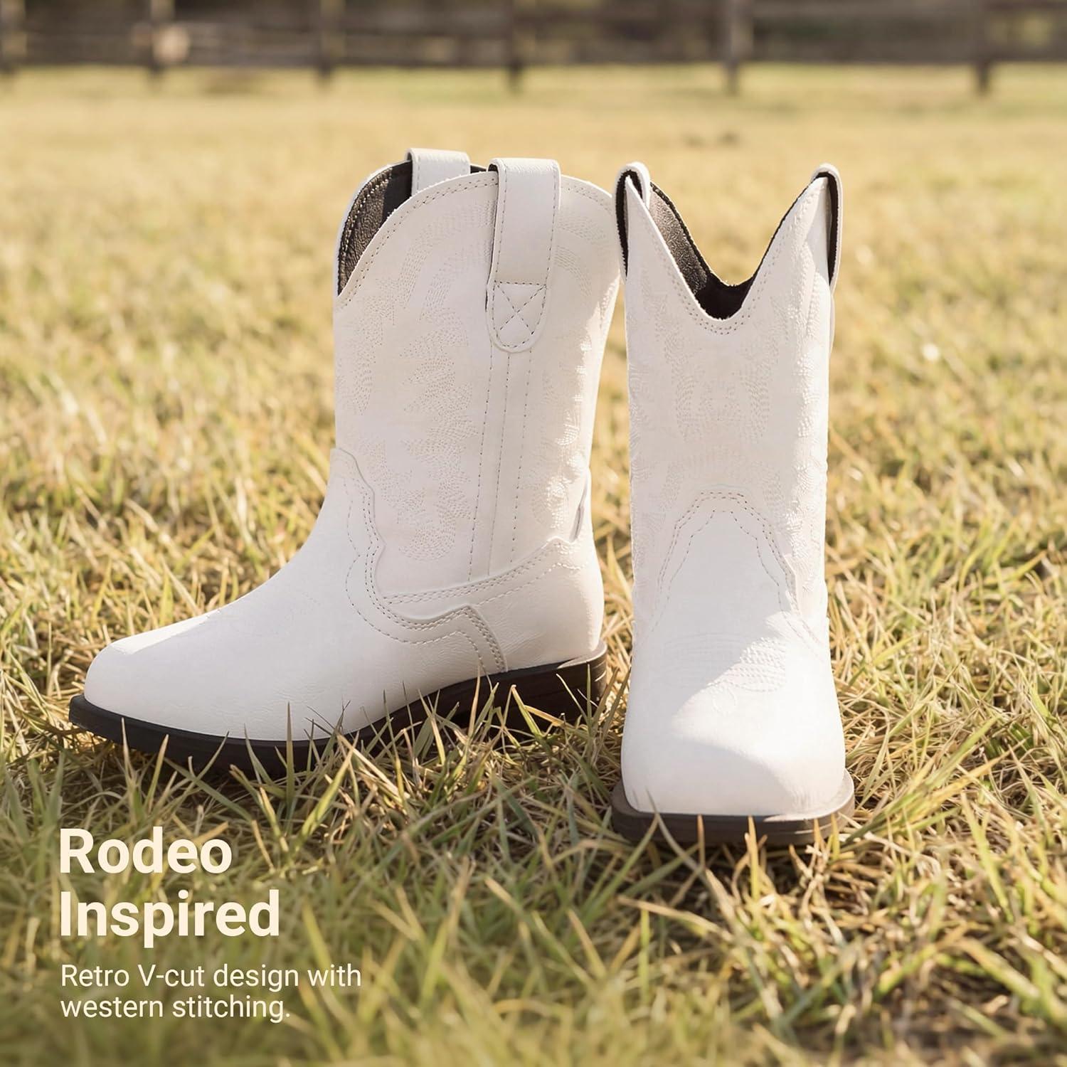 image:imageDREAM PAIRS Toddler Boys Girls Cowboy Cowgirl Boots Little Kids Western Square Toe Riding Mid Calf BootsWhite