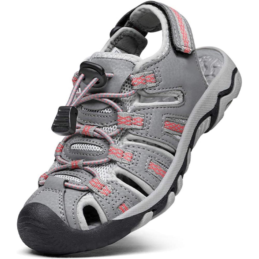 image:imageDREAM PAIRS Boys Girls Summer Outdoor Athletic Sport Sandals Walking Hiking Hook and Loop Adjustable Multicolor for ToddlerLittleBig KidsLightGreyCoral