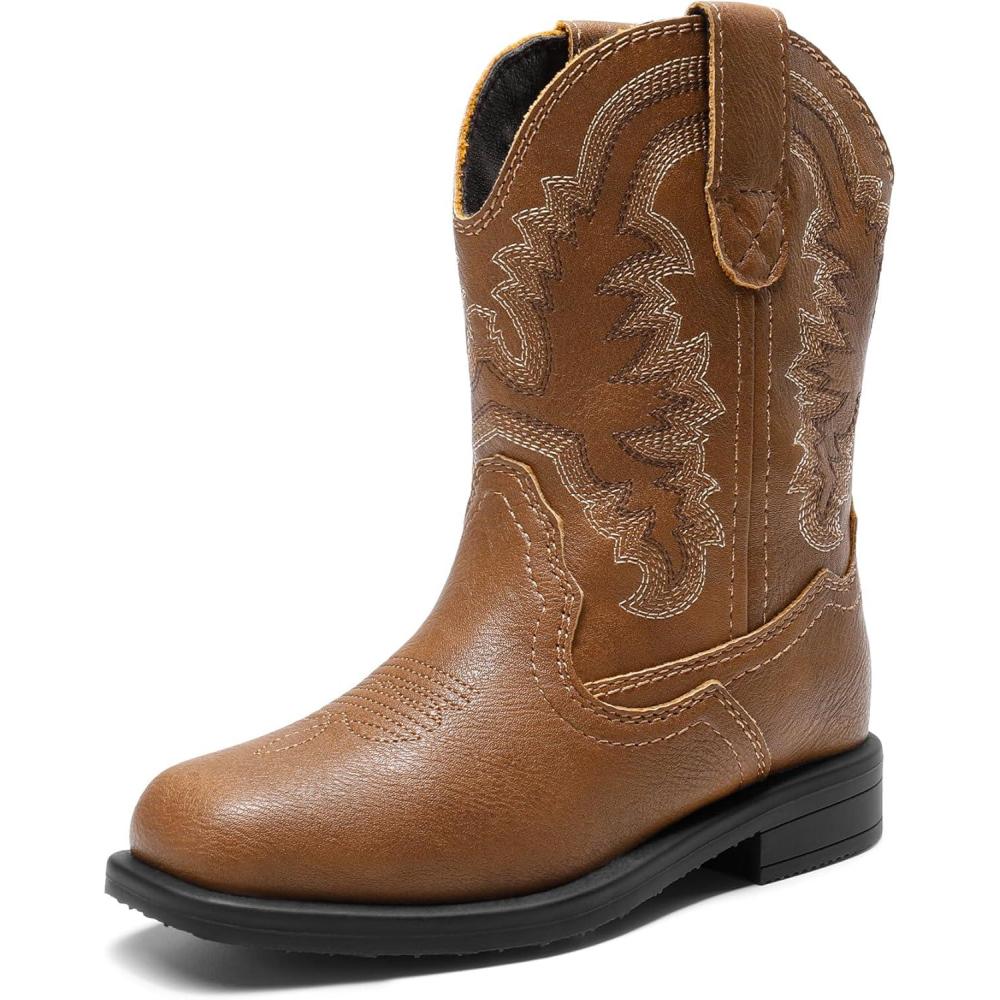 image:imageDREAM PAIRS Toddler Boys Girls Cowboy Cowgirl Boots Little Kids Western Square Toe Riding Mid Calf BootsBrown