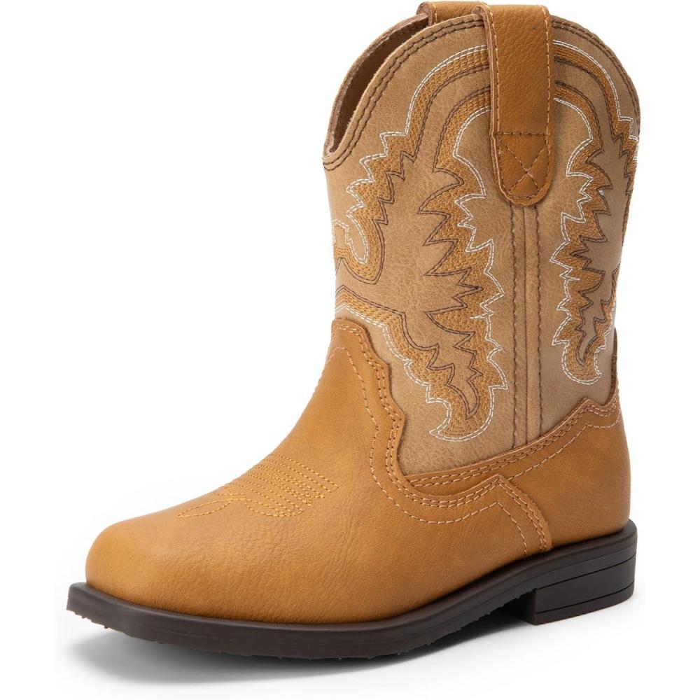 image:imageDREAM PAIRS Toddler Boys Girls Cowboy Cowgirl Boots Little Kids Western Square Toe Riding Mid Calf BootsCamelLight Brown