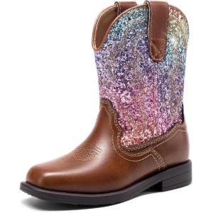 DREAM PAIRS Toddler Boys Girls Cowboy Cowgirl Boots Little Kids Western Square Toe Riding Mid Calf Boots(Brown/Multi)
