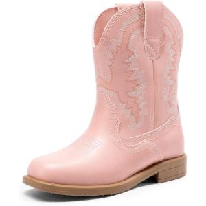 DREAM PAIRS Toddler Boys Girls Cowboy Cowgirl Boots Little Kids Western Square Toe Riding Mid Calf Boots(Pink)